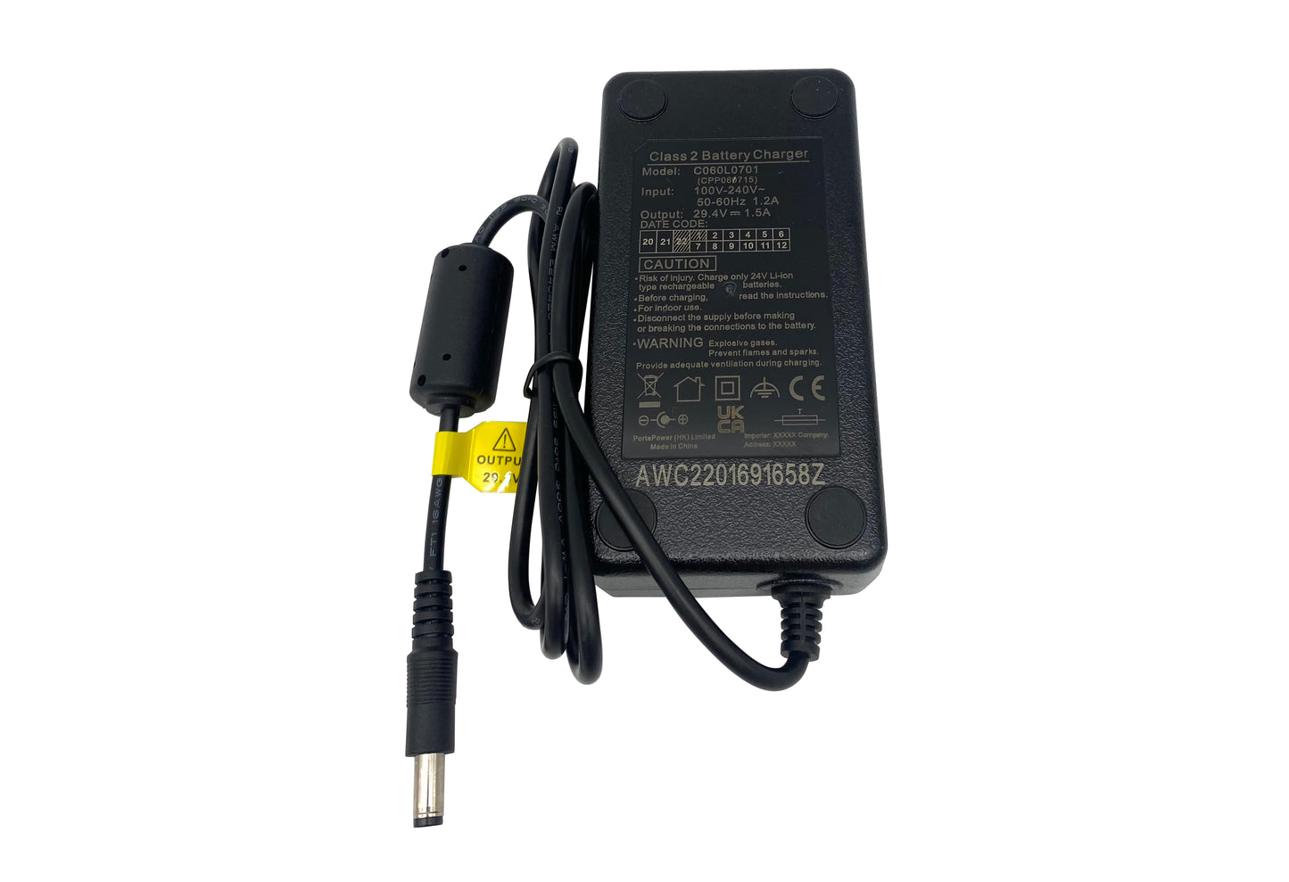 High-quality e-bike charger 24V 1.5A for batteries from Phylion (DC 5.5×2.5mm)