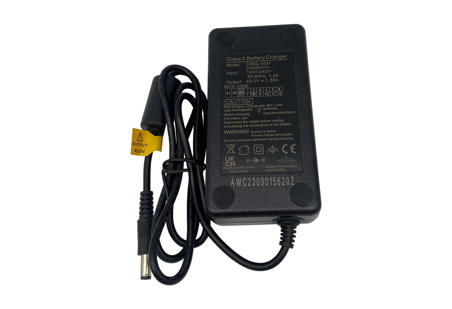 High-quality e-bike charger 36V 1.35A for batteries from Ansmann, Kalkhoff, Montana, Union, Victoria, Prophete, LLOBE and much more (DC 5.5×2.1mm)