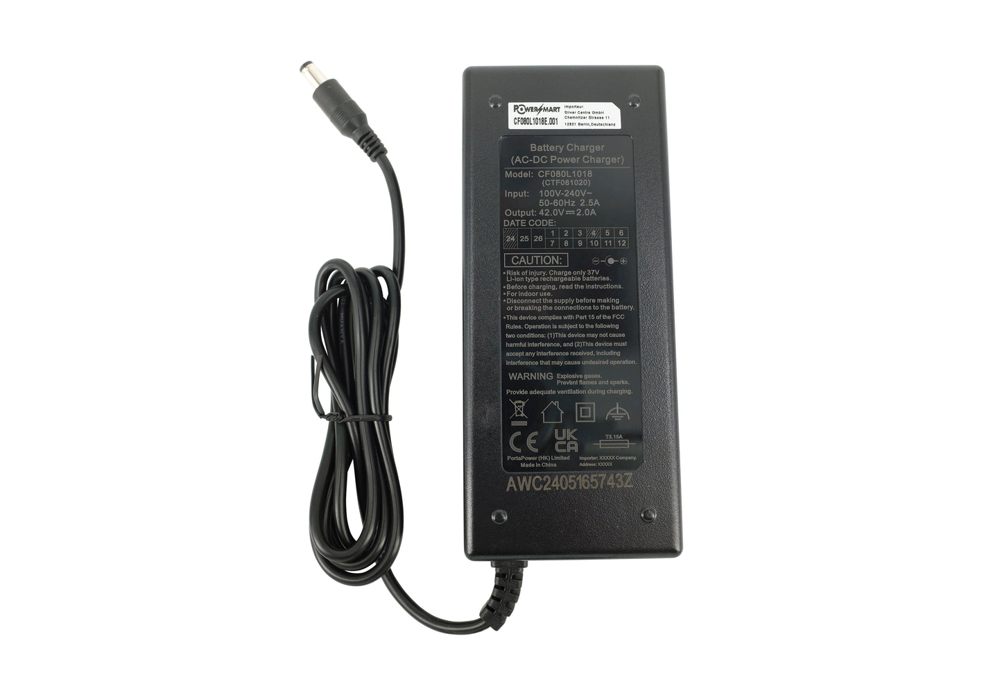 High-quality e-bike charger 36V 2.0A for batteries from Ansmann, Kalkhoff, Montana, Union, Victoria, Prophete, LLOBE and much more (DC 5.5×2.1mm)