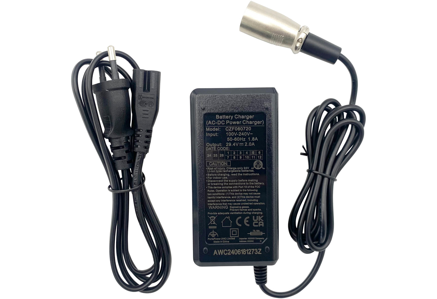 2A 29.4V Charger for 24V Ebike Batteries with XLR-3 connector