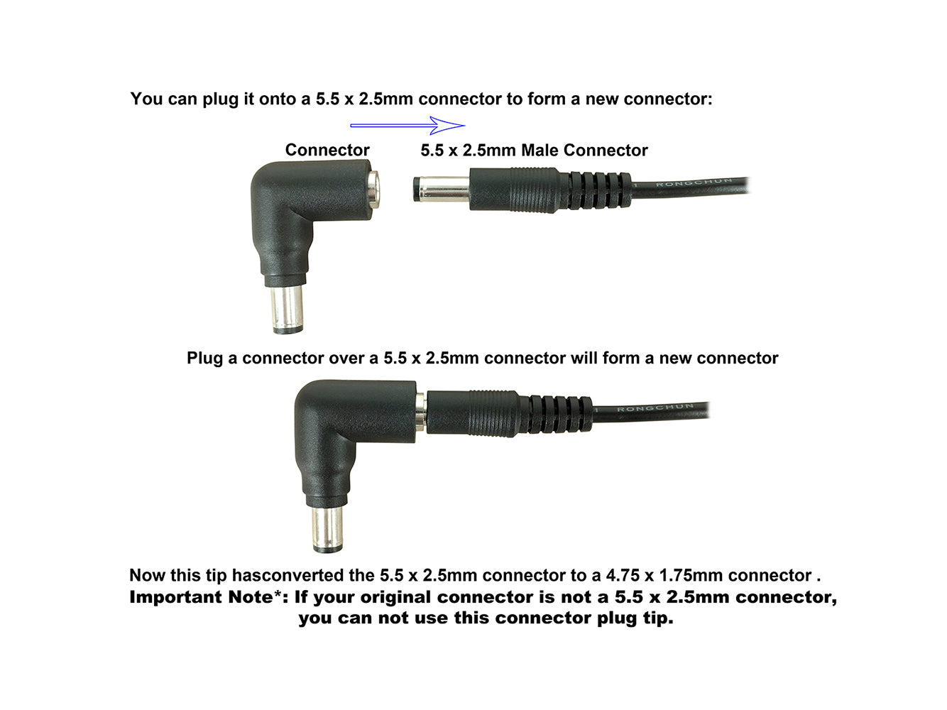 C13 DC Power Connector Plug Tip - 6.5 x 3.0mm Male Connector with 5.5 x 2.5mm Female Jack