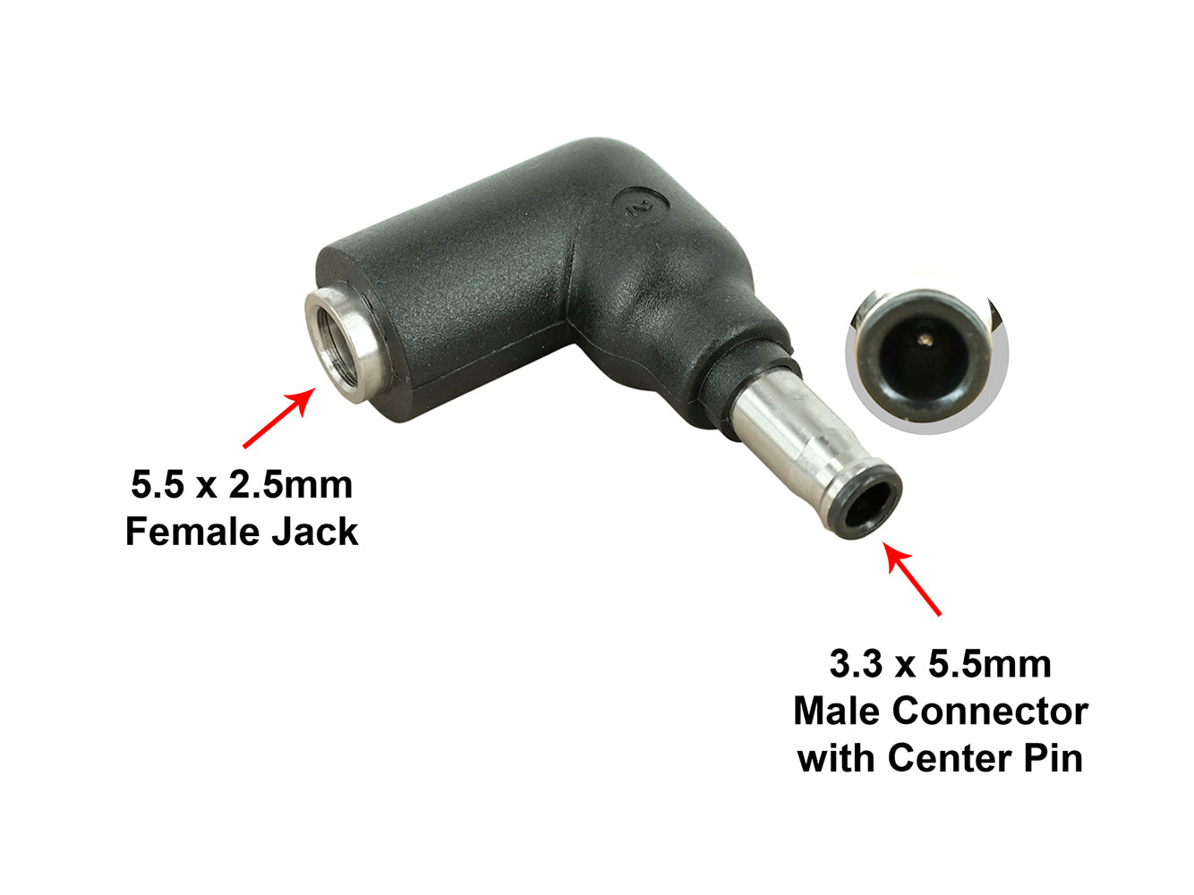 C2 Connector Tip - 5.5 x 3.3mm Connector with Center Pin Male Connector to 5.5 x 2.5mm Female Jack