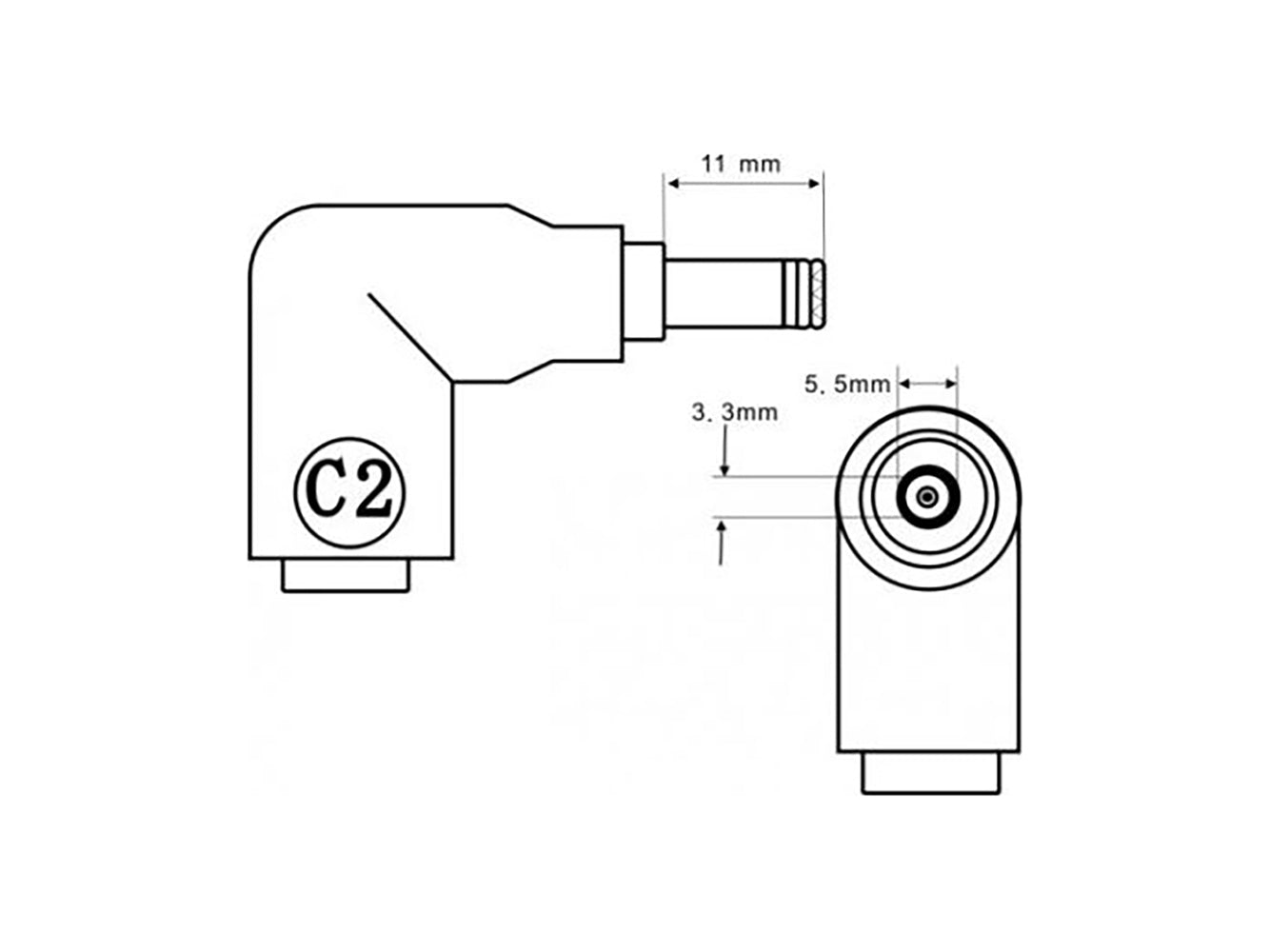 C2 Connector Tip - 5.5 x 3.3mm Connector with Center Pin Male Connector to 5.5 x 2.5mm Female Jack