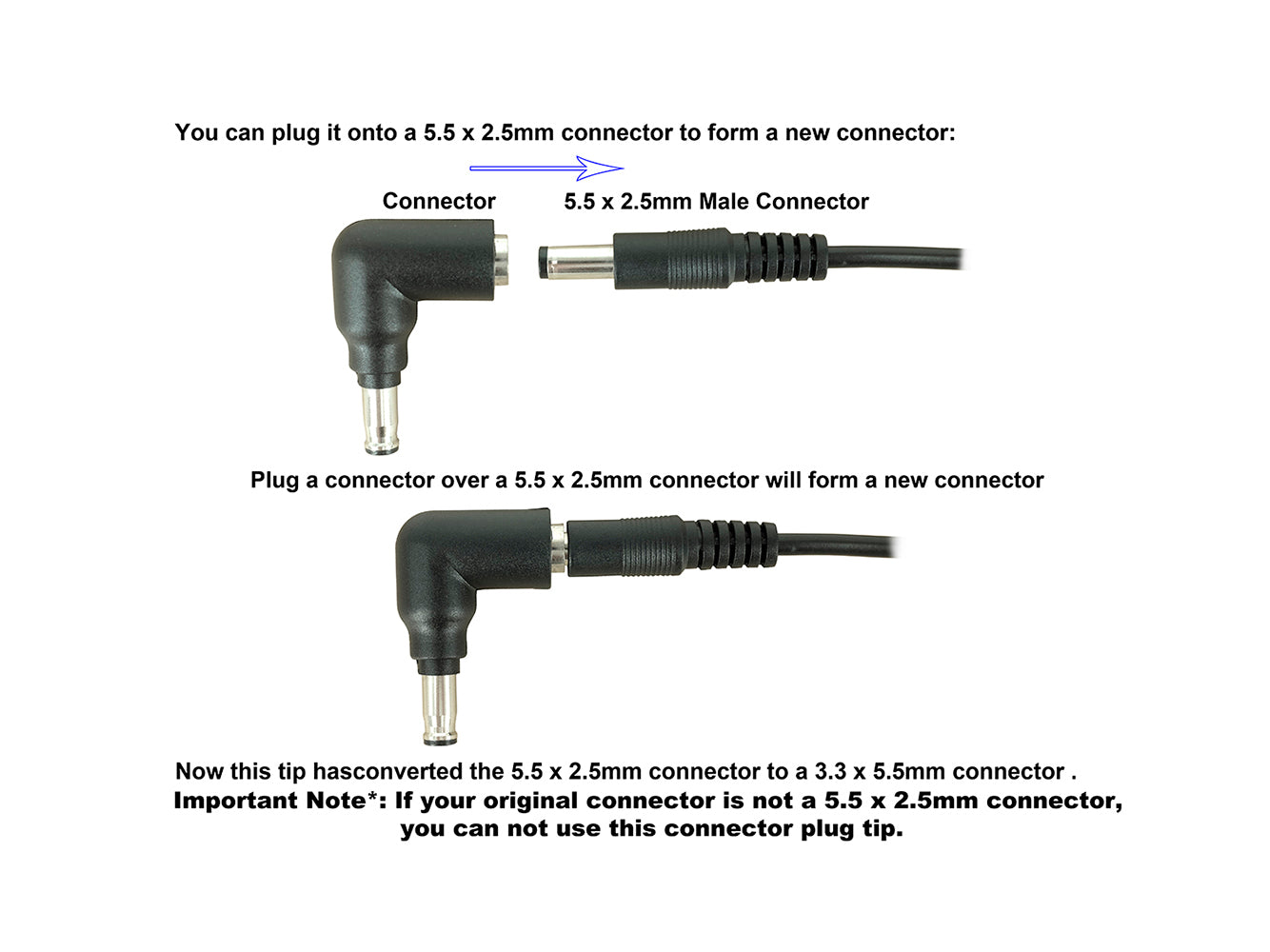 C2 Connector Tip - 5.5 x 3.3mm Connector with Center Pin Male Connector to 5.5 x 2.5mm Female Jack