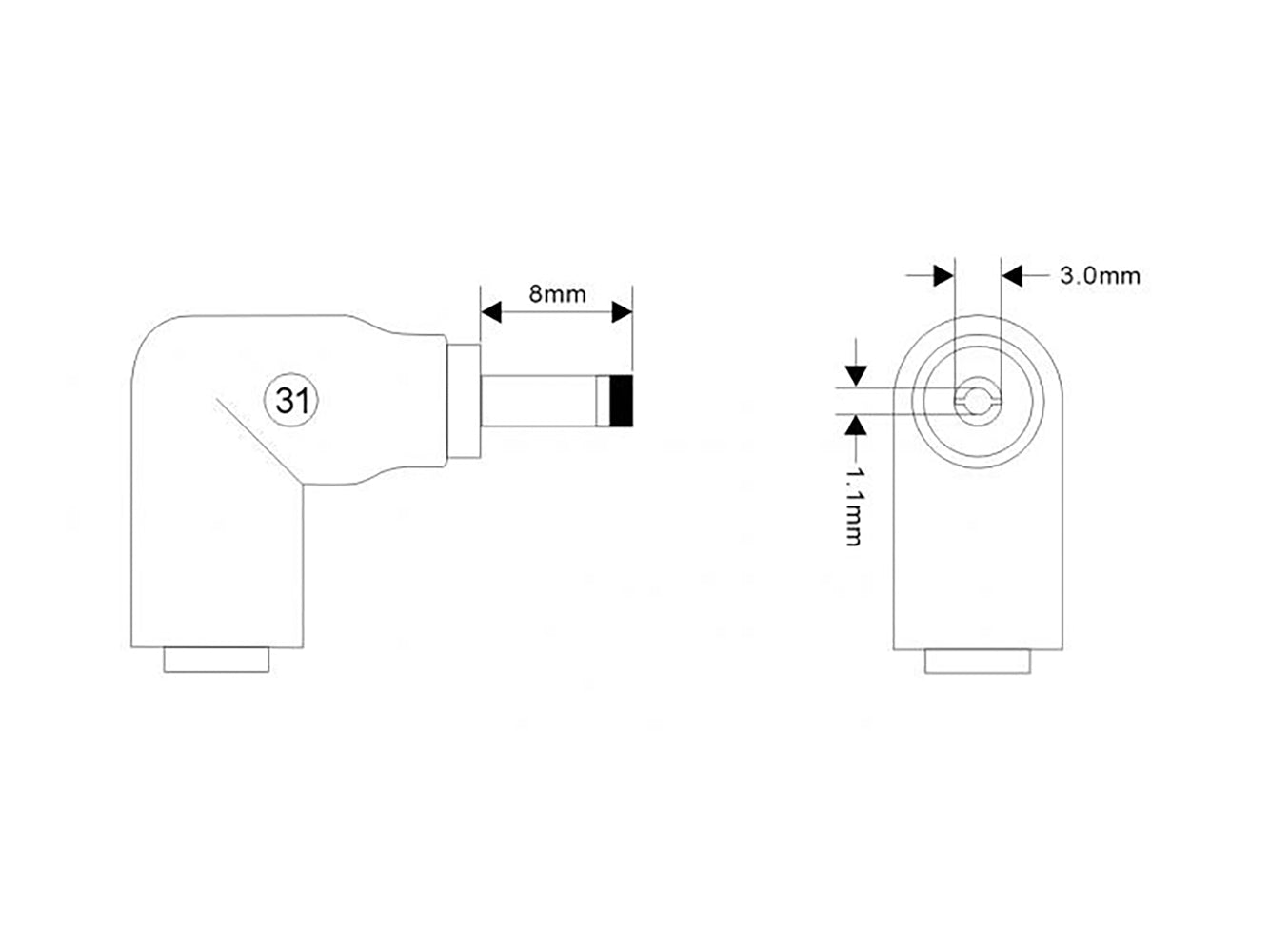 C31 Connector Tip - 3.0 x 1.1mm Male Connector to 5.5 x 2.5mm Female Jack