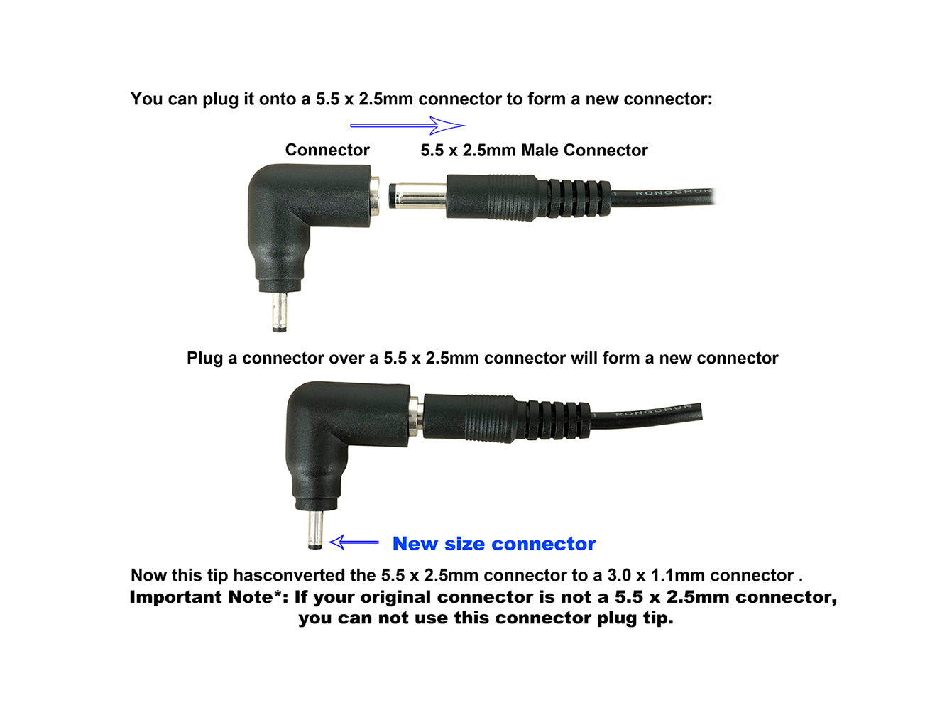 C31 Connector Tip - 3.0 x 1.1mm Male Connector to 5.5 x 2.5mm Female Jack