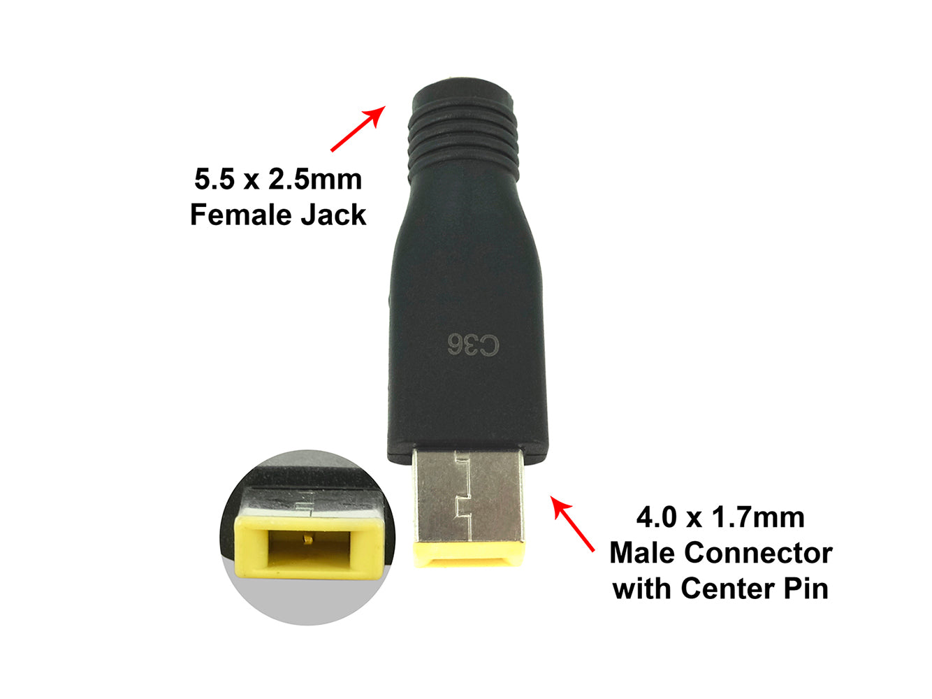 C36 Connector Tip - Rectangle Shape Connector for Lenovo Laptops with 5.5 x 2.5mm Female Jack