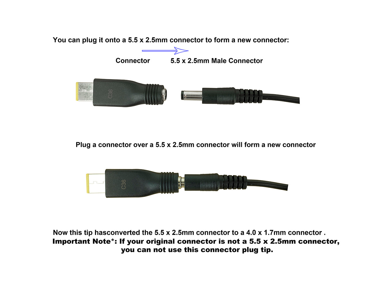 C36 Connector Tip - Rectangle Shape Connector for Lenovo Laptops with 5.5 x 2.5mm Female Jack