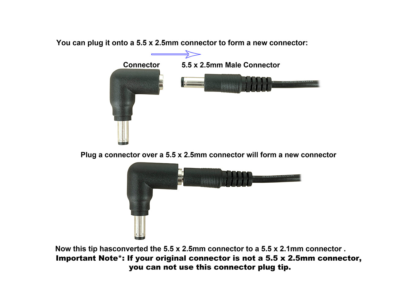 C3 Connector Tip - 5.5 x 2.1mm Male Barrel Connector with 5.5 x 2.5mm Female Jack