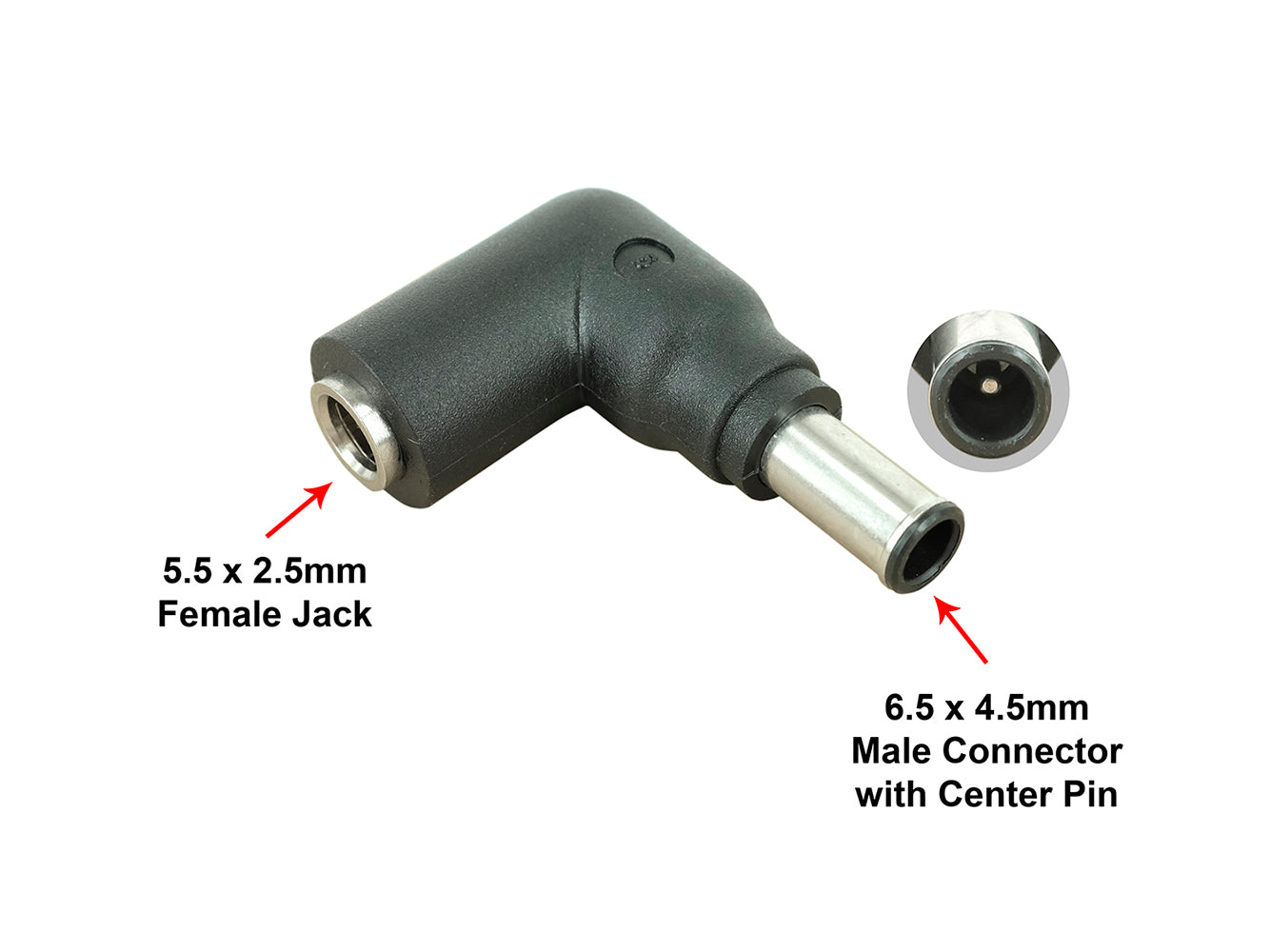 C6 DC Power Connector Tip - 6.5 x 4.5mm Male Connector with Center Pin to 5.5 x 2.5mm Female Jack