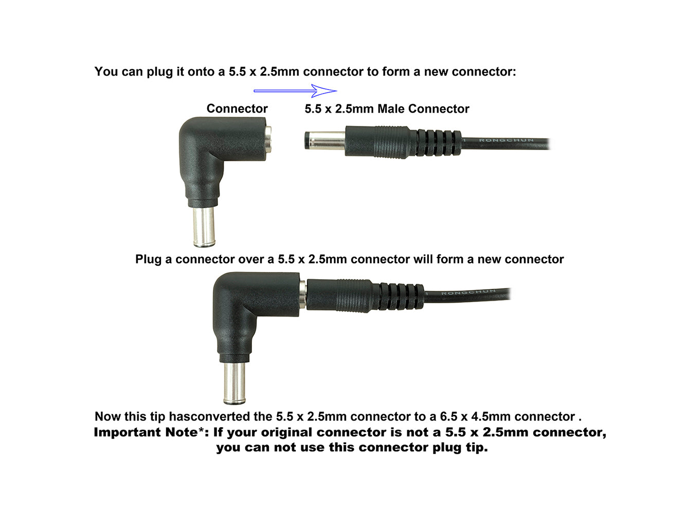 C6 DC Power Connector Tip - 6.5 x 4.5mm Male Connector with Center Pin to 5.5 x 2.5mm Female Jack