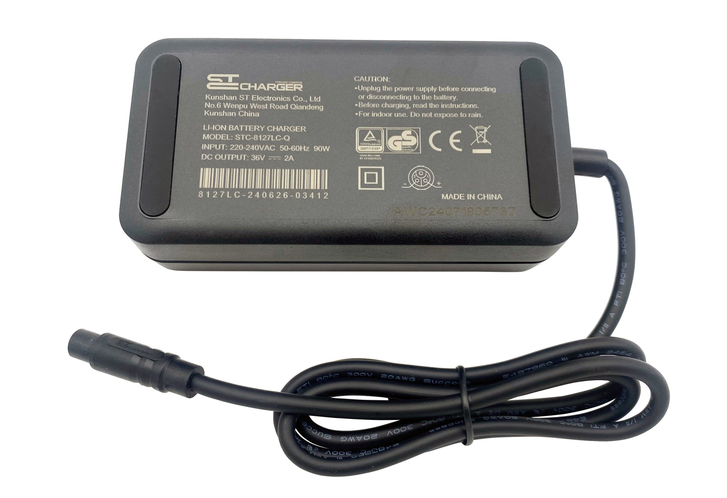 36V 2A Charger for 36V Li-Ion Ebike Battery, with DC 3-PIN ST plug